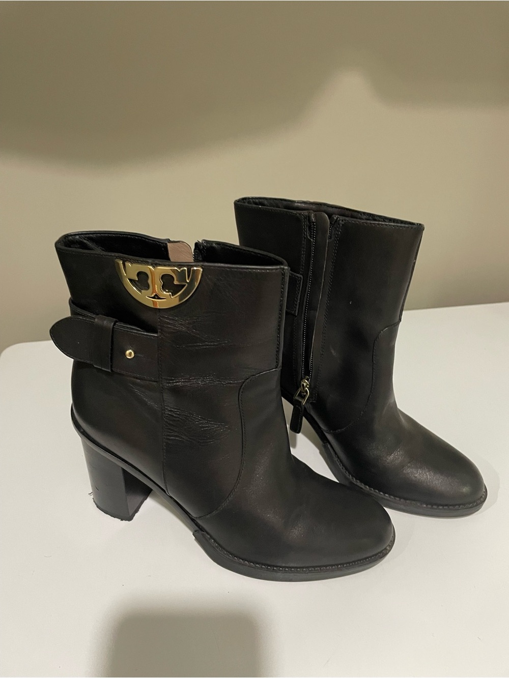 Tory Burch Black Leather Mid-Calf Heeled Boots with Gold Logo
